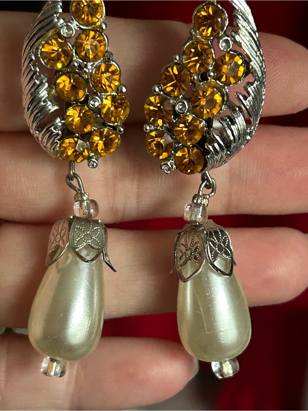 Silver Drop Earrings with Amber Crystals and Pearl Teardrops